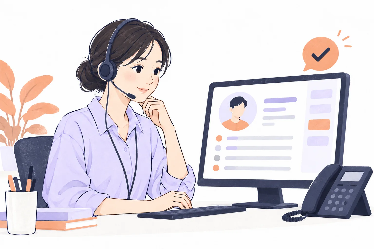 電話受付で顧客情報を確認するスタッフのイラスト
